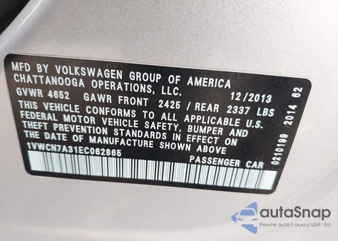 2014 Volkswagen Passat 2.0L Tdi Sel Premium из США, поврежденный, VIN 1VWCN7A31EC062865